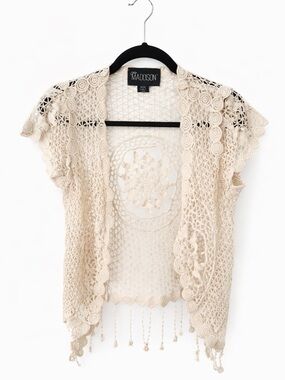 Madison Boho Crochet Lace Kimono Vest Cream Fringe Festival Cover Up M